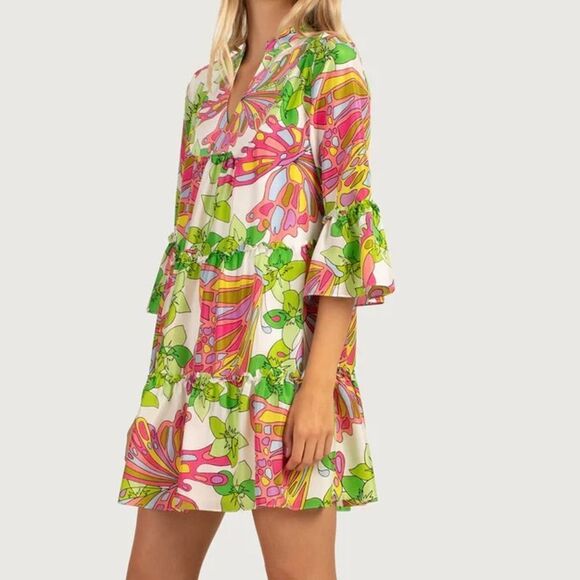 TRINA TURK NWT MOVIE COLONY 2 DRESS SIZE XS - Colorful Silk- Tiered Ruffle - Picture 7 of 11